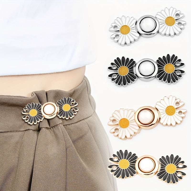 2 pairs Jeans Dress Buttons, DIY Pants Clip Waist Tightener Buttons, DIY Sewing Adjustable Waist Buckle Fashion Faux Pearl Flower Adjustable Buckle Clothing Accessories