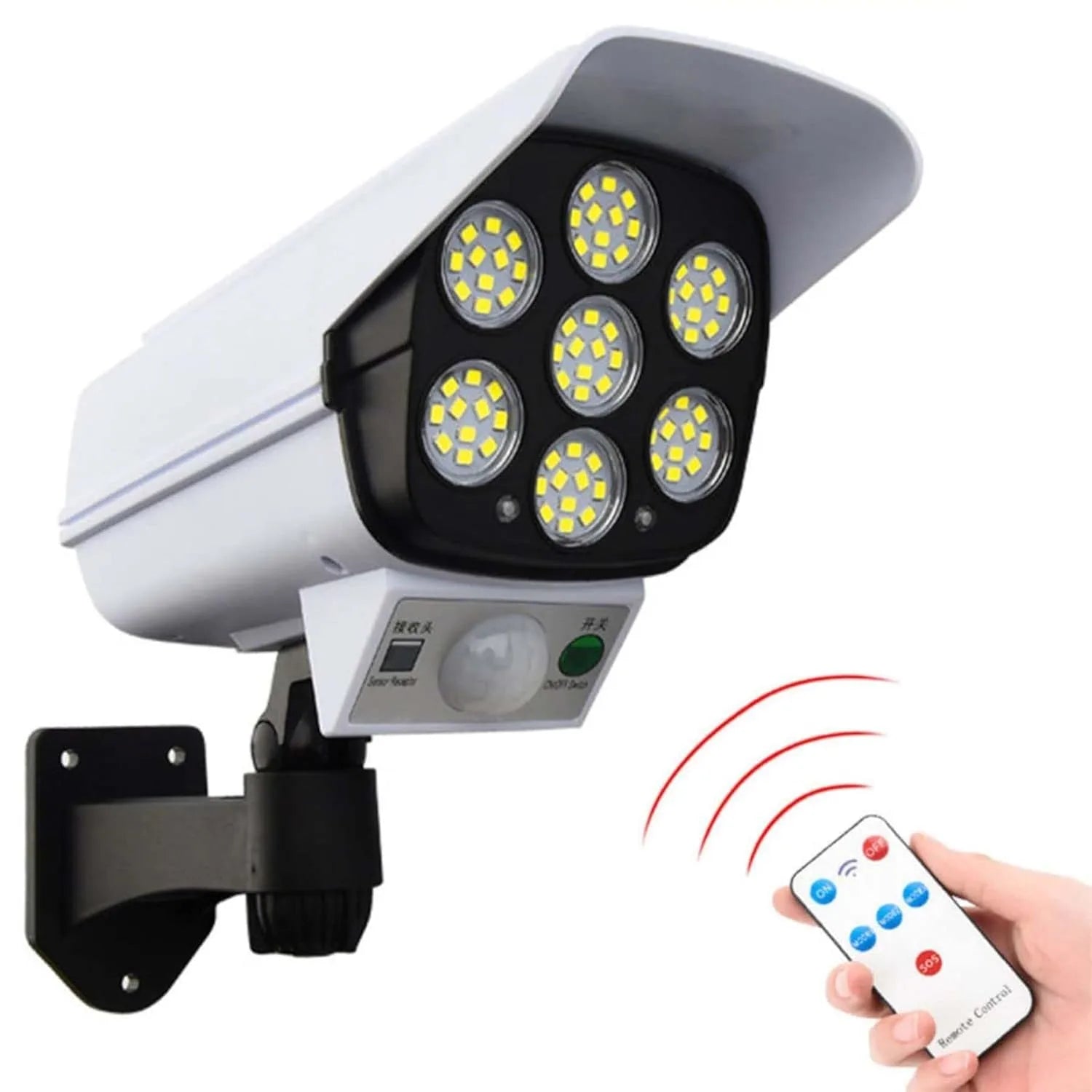 Camera-shaped solar motion sensor LED light with remote control for outdoor wall mounting