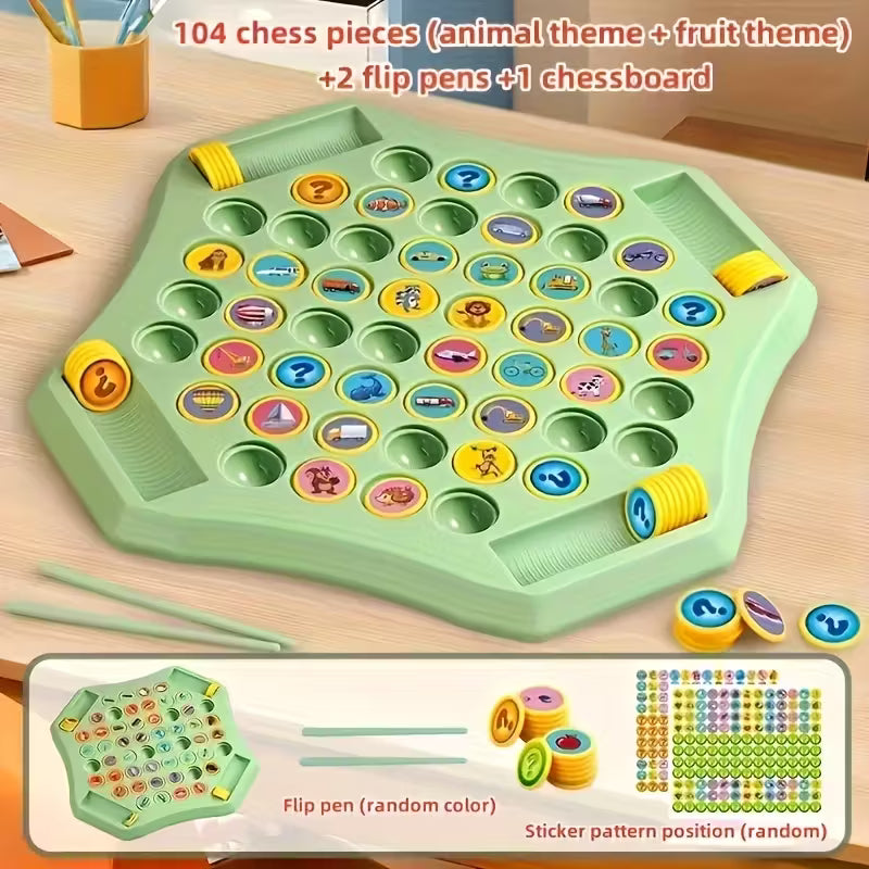 Animal & Fruit Flip-It Board Game (104 Pcs) – 4-Player Strategy & Memory Game with Colorful Chess Pieces, Flip Pens & Game Board | Fun for Teens & Adults