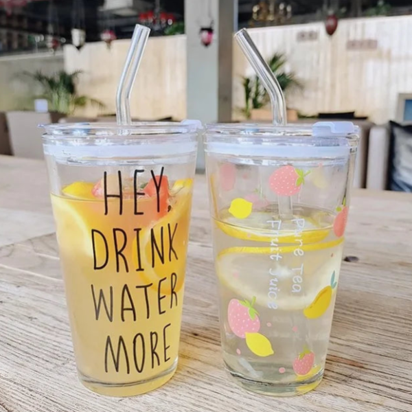 450ml Printed Glass Tumbler with Straw – Stylish Reusable Drinking Glass Cup for Juice, Coffee, Smoothies & Beverages (Pack of 1)