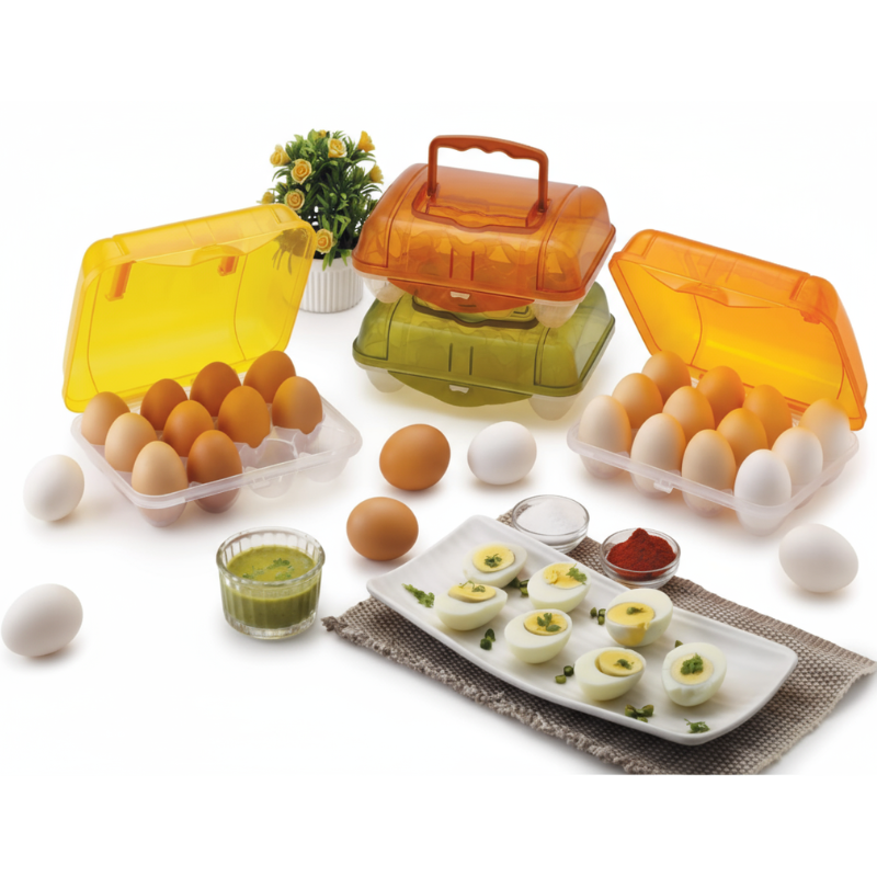 Plastic Egg Basket of 12 Egg Slot – Durable Egg Storage Box with Handle for Fridge, Kitchen & Travel (Random Color-Pack of 1)