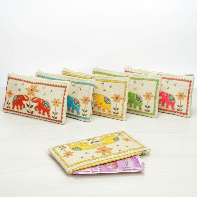 Handcrafted Elephant Embroidered Fabric Pouch – Traditional Ethnic Mini Bag for Women (Random Color-Pack of 1)