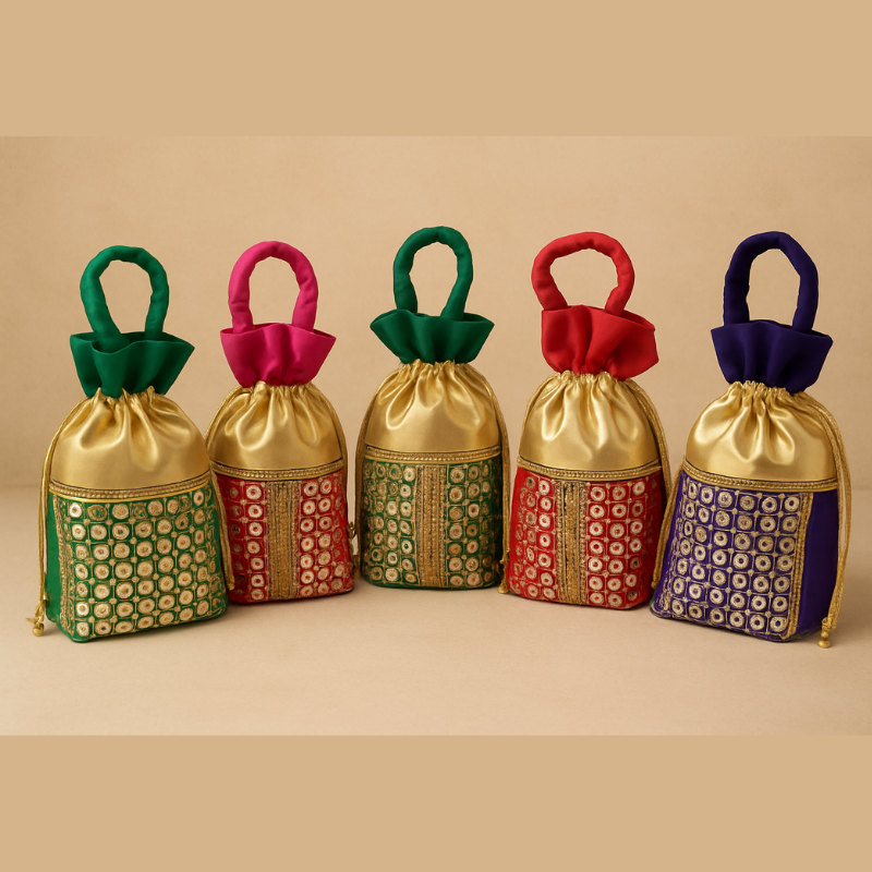 Traditional Sequined Potli Bags for Women – Fancy Indian Potli Gift Bags for Weddings, Mehndi, and Festive Favors (Silky & Satin, 14x24 cm) (Random color-Pack of 1)