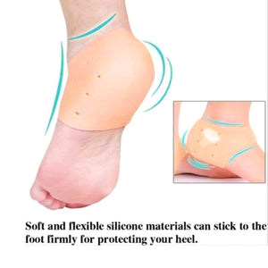 silicone heel protector, heel sleeve, heel cushion, foot protection, plantar fasciitis, heel pain, foot care, health and personal care.A close-up shows two bare feet, each wearing a beige silicone heel protector that covers the heel and has small ventilation holes.