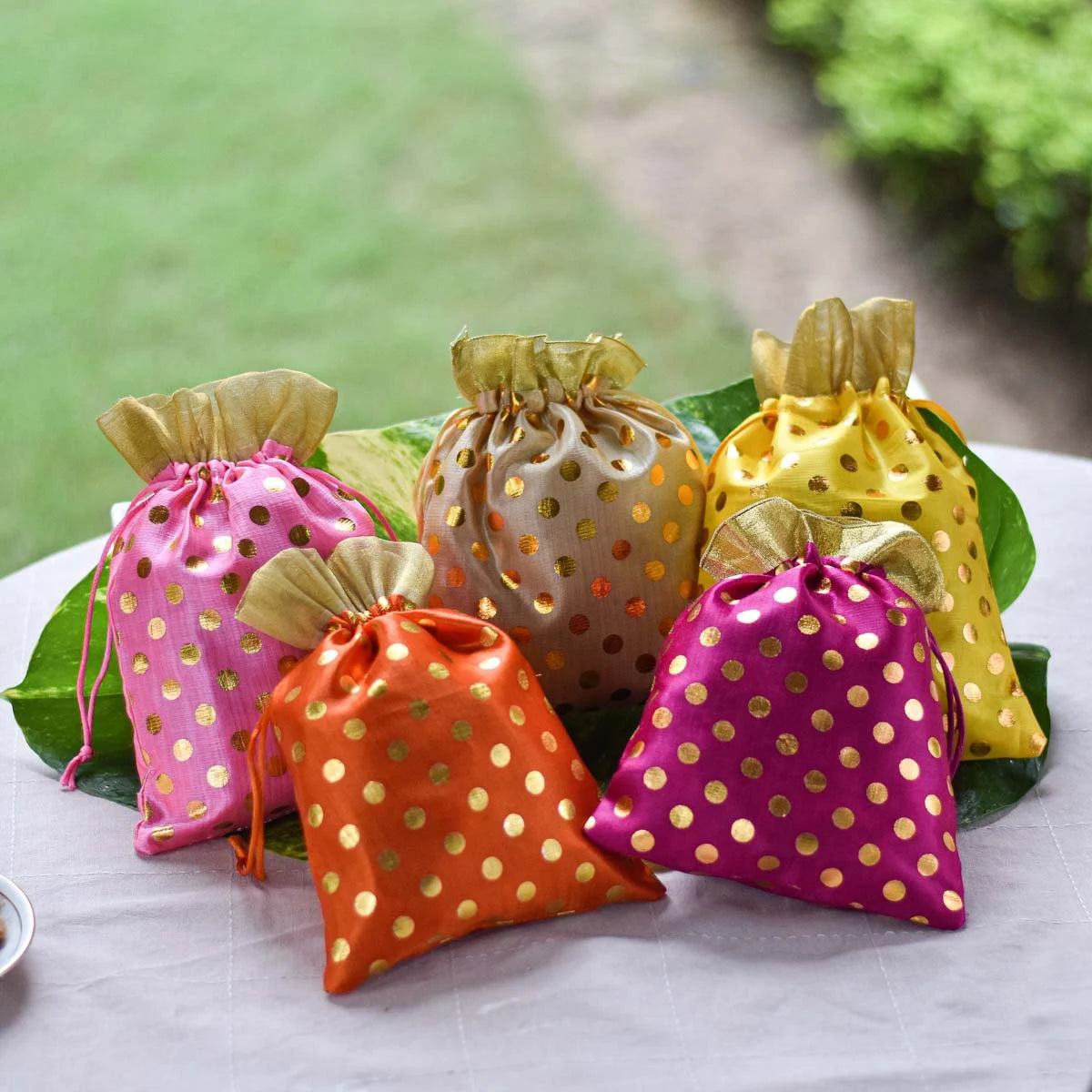 Polka Dot Small Potli Bags – 3 Pc Gift Pouch Set for Wedding, Party Favors, Jewelry, and Gift Packaging (Random Color)
