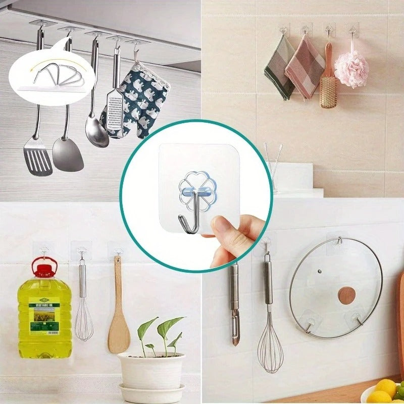 6 Pcs Transparent Self-Adhesive Wall Hook Set – Heavy Duty, Waterproof for Kitchen, Bathroom, and Home Organization