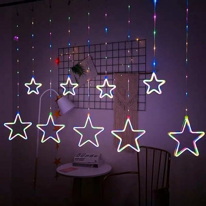 Multicolor LED Neon Star Curtain String Light | 9 Neon Stars (5 Big & 4 Small Stars)