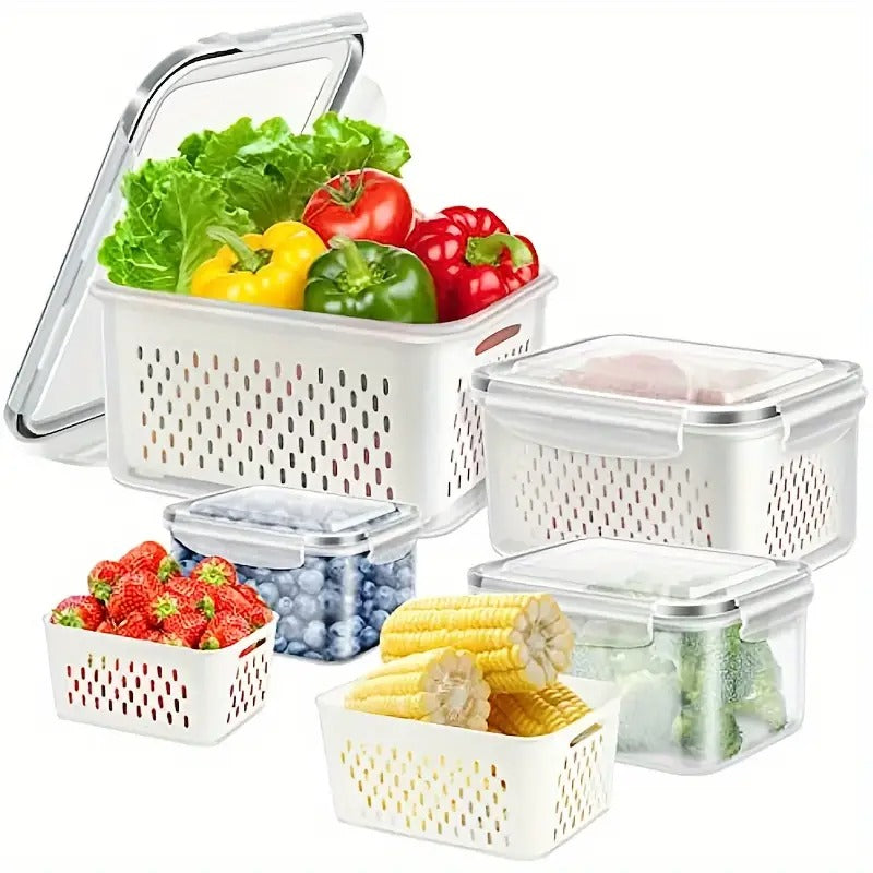 4 Pcs Vegetable and Fruit Storage Containers with Lids – BPA-Free Fridge Organizer Bins with Drain Basket