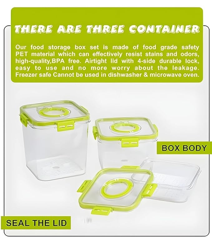Air Tight BPA-Free Plastic Food Storage Containers – Pack of 3 with Time-Keeping Lids for Kitchen & Pantry