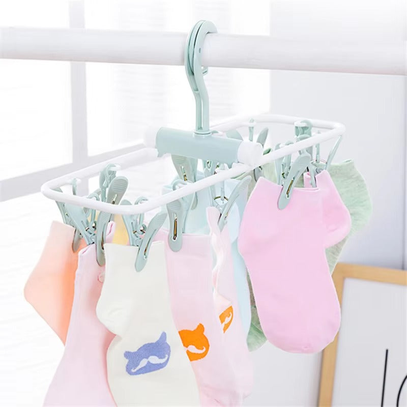 12 Clip Foldable Drying Clothes Hanger – Portable Laundry Hanger for Socks, Underwear & Baby Clothes (Random Color)
