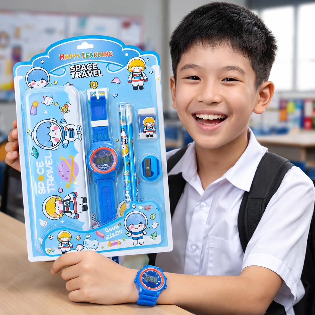 Kids Digital Watch with Stationery Combo Set – Cartoon Wrist Watch & School Stationery Kit for Children (Random Color-Pack of 1)