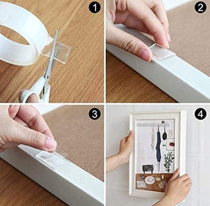 Various household items (like a picture frame, keys, and a small shelf) adhered to a wall using the clear double-sided nano tape, showcasing its holding power.