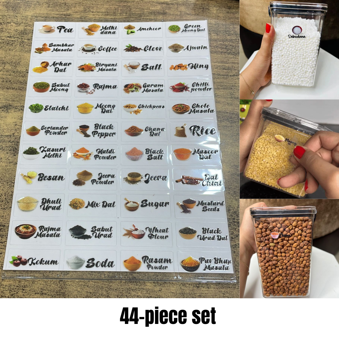 44-piece set of 3D waterproof spice jar label stickers for kitchen organization