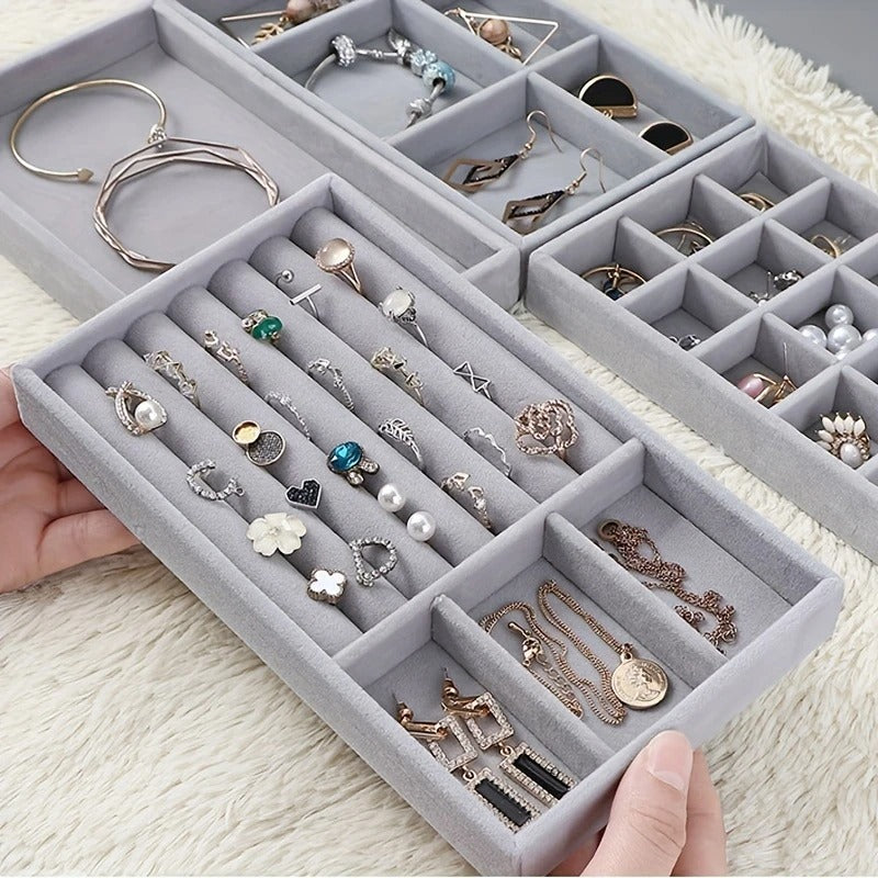 Velvet Jewelry Organizer 4 Pcs Tray – Stackable Storage Box with Compartments for Rings, Earrings, Bracelets, and Necklaces