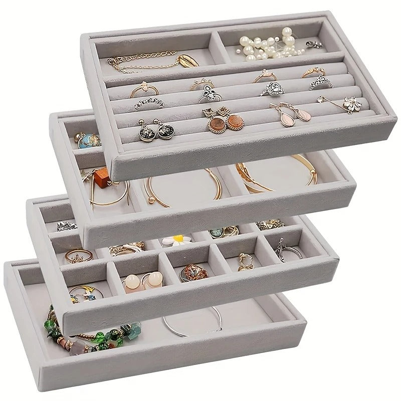 Velvet Jewelry Organizer 4 Pcs Tray – Stackable Storage Box with Compartments for Rings, Earrings, Bracelets, and Necklaces