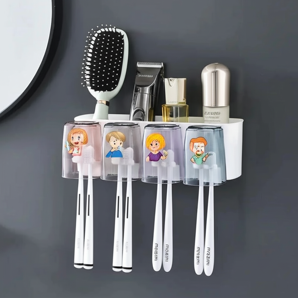Wall-Mounted Plastic Bathroom Organizer – 8 Toothbrush Holders with 4 Cartoon Cups & Storage Rack, White Bathroom Shelf for Kids & Family