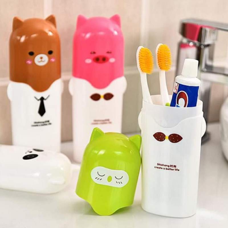 Cartoon Animal Toothbrush & Toothpaste Travel Case – Portable Plastic Toothbrush Box for Kids (Random Color, Pack of 1)