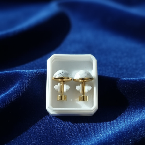 Minimalist Grey Stone Stud Earrings - Gold Plated Tiny Dome Ear Piercings - Everyday Hypoallergenic Jewelry (1 Pair)