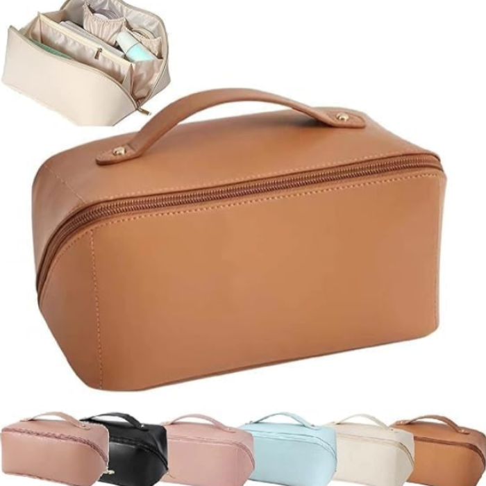 Large Capacity Travel Cosmetic Bag – Waterproof Leather Makeup Organizer with Multiple Compartments (Pack of 1)