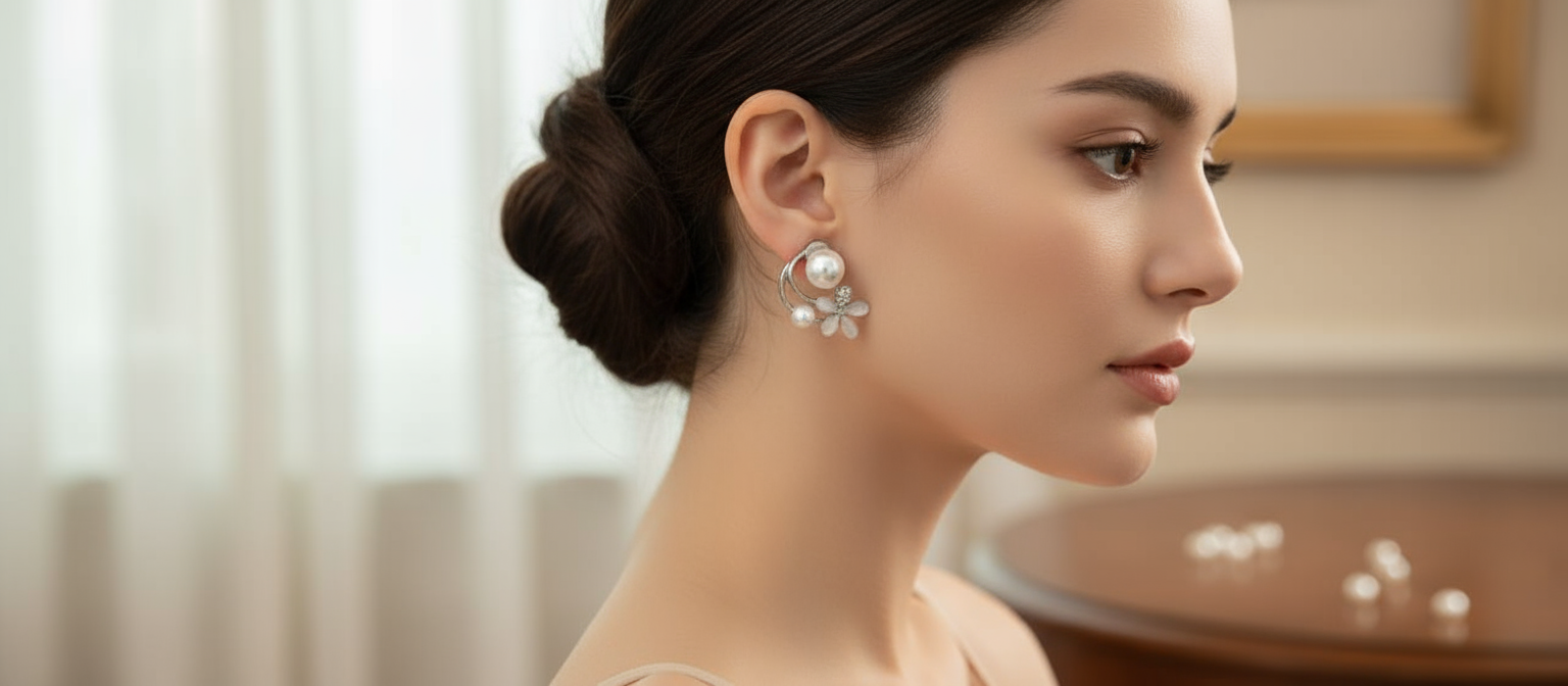 Stone & Pearl Studded Stud Earrings – Elegant Crystal and Pearl Jewelry for Women & Girls (1 Pair)