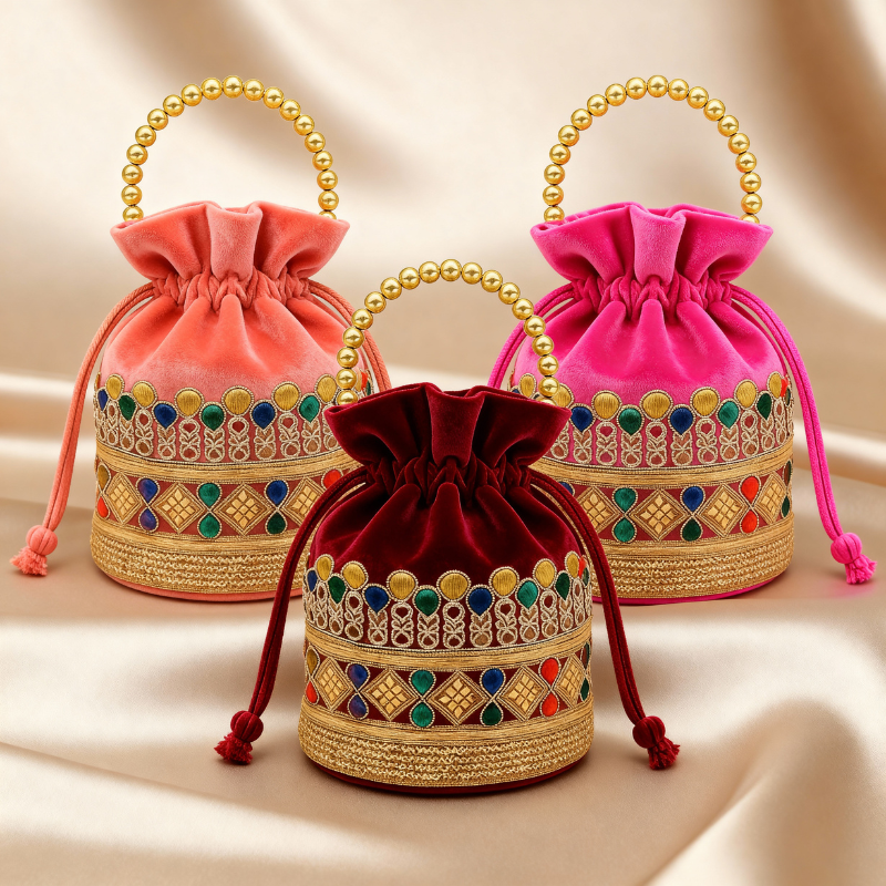 Premium Velvet Embroidered Potli Purse for Women – Elegant Batva Bag with Beautiful Handcrafted Embroidery for Weddings & Festive Gifting