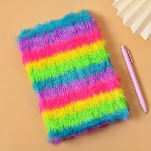 Rainbow Smooth Fur Diary (A5 size) - Soft Fluffy Journal for Kids, Teens & Stationery Lovers -Cute Stationery Gift (Pack of 1)