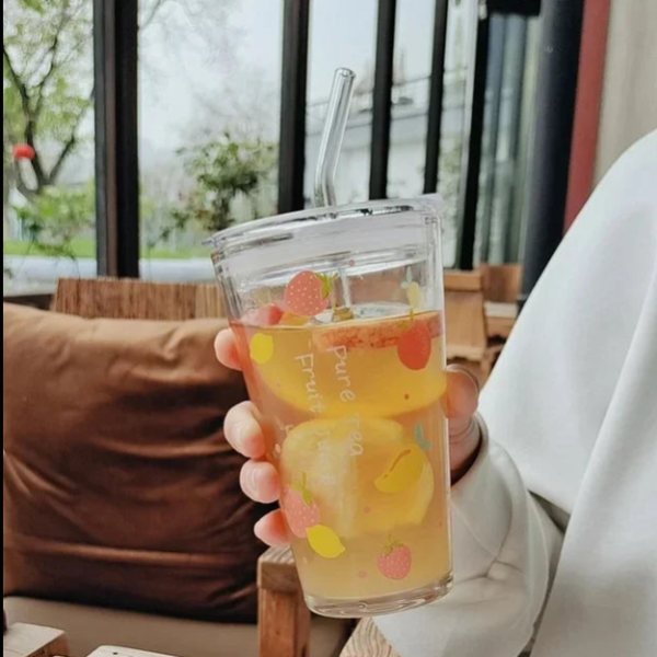 450ml Printed Glass Tumbler with Straw – Stylish Reusable Drinking Glass Cup for Juice, Coffee, Smoothies & Beverages (Pack of 1)