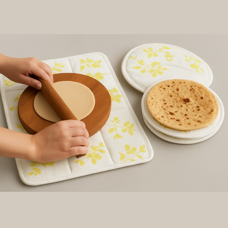 Round Shape Roti Cover with Mat –Chapati Cover for Keeping Roti Warm & Fresh, Washable Roti Mat Set (2 Pc Roti Cover + 1 Pc Mat)