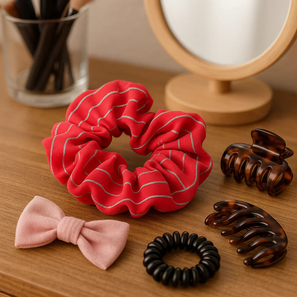 Striped Georgette Scrunchies – Soft Hair Ties for Women & Girls | Random Color Ponytail & Bun Hair Accessory (Pack of 1)