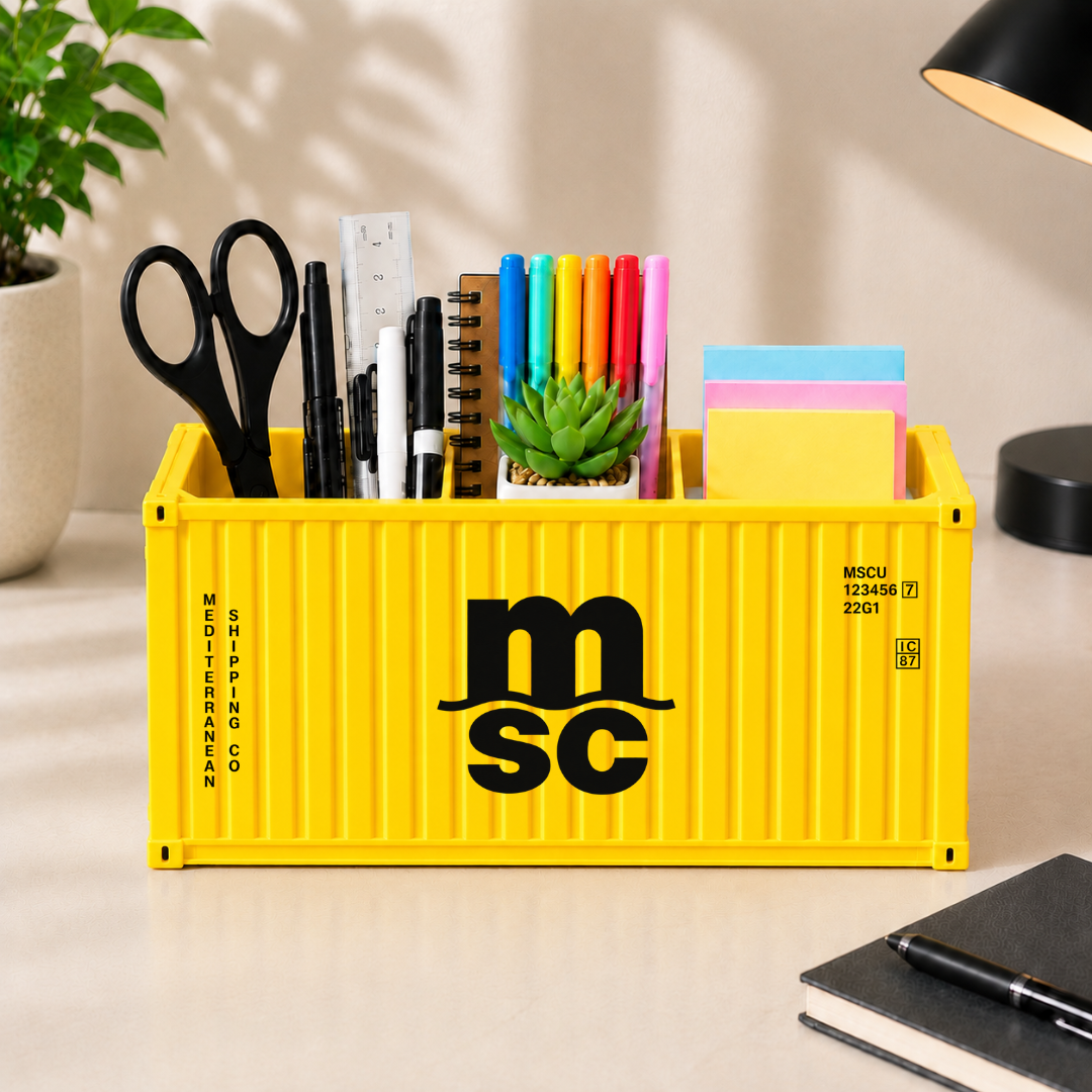 Shipping Container Desk Organizer - Industrial Office Decor, with Open Compartments for Pens, Scissors, Business Cards