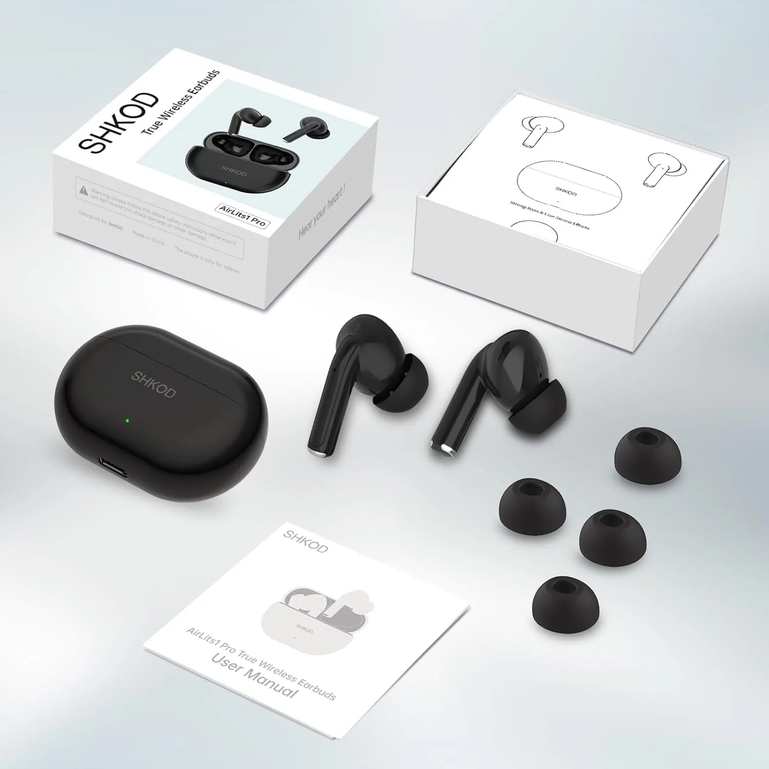 SHKOD AirLits1 Pro earbuds displayed alongside included accessories