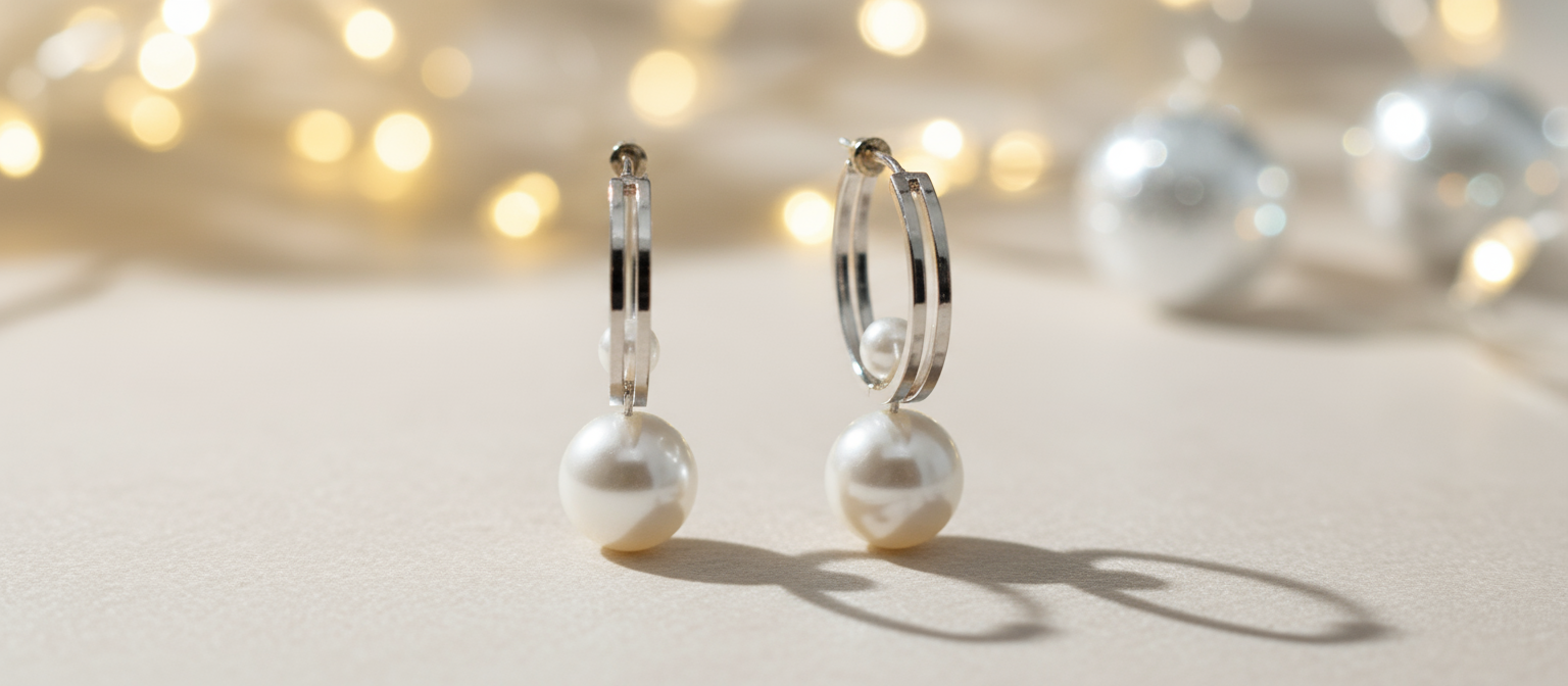 Modern Half Hoop Earrings - Double Pearl Drop Front Facing Statement Jewelry (Random color-1 Pair)