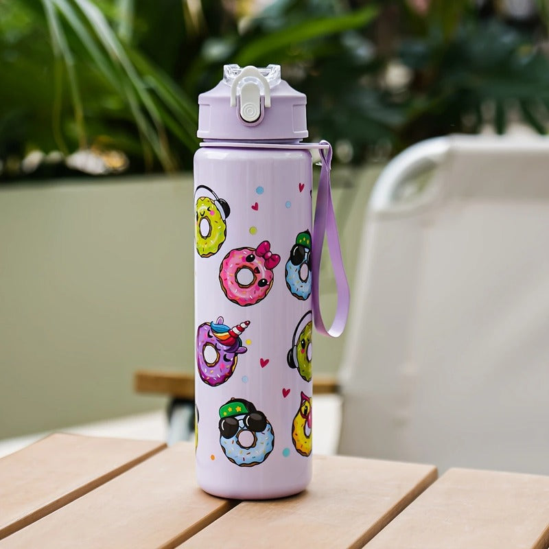 Cute Donut Print Water Bottle – Flip-Top Straw Sipper, Leak-Proof & BPA-Free (Random Color) (Pack of 1)