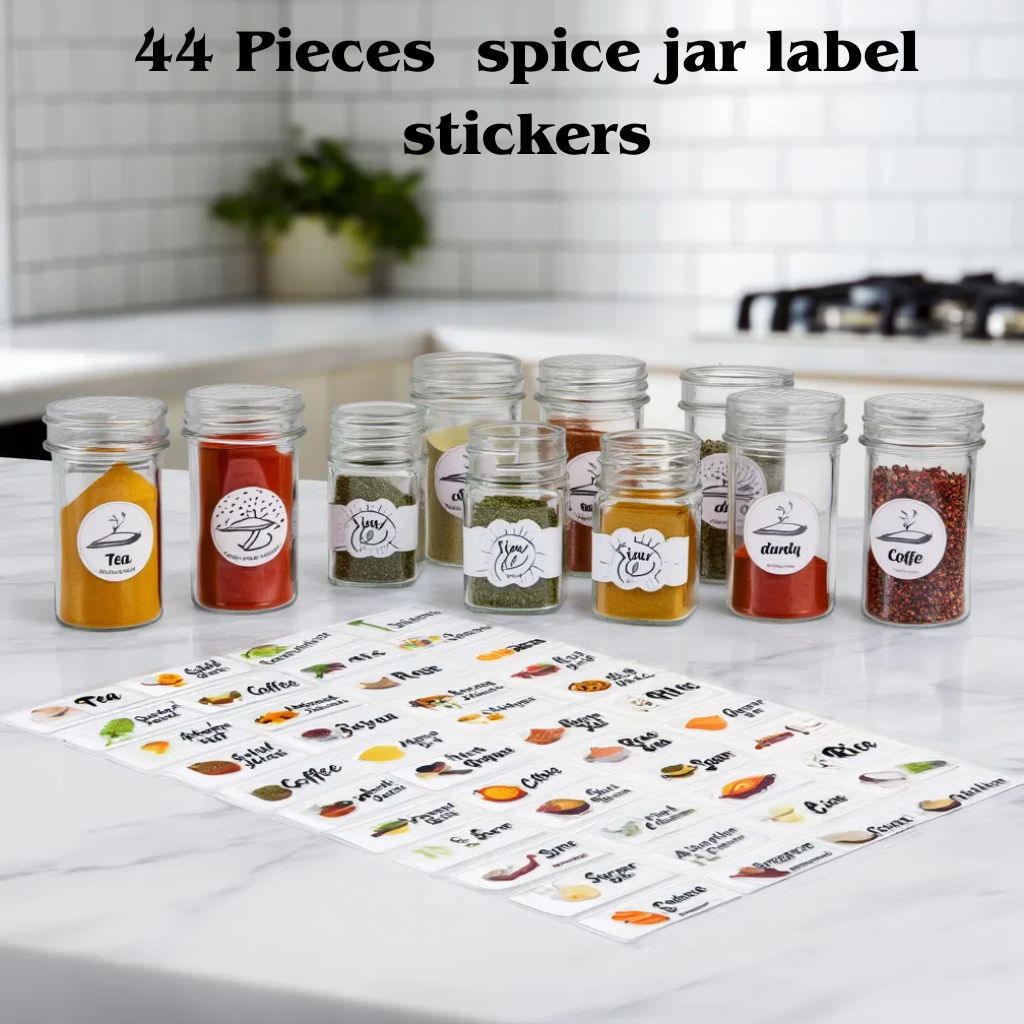 3D Waterproof Spice Jar Label Stickers – 44 Pcs UV DTF Raised Kitchen Organizer Labels | Durable, Strong Adhesive & Stylish Design
