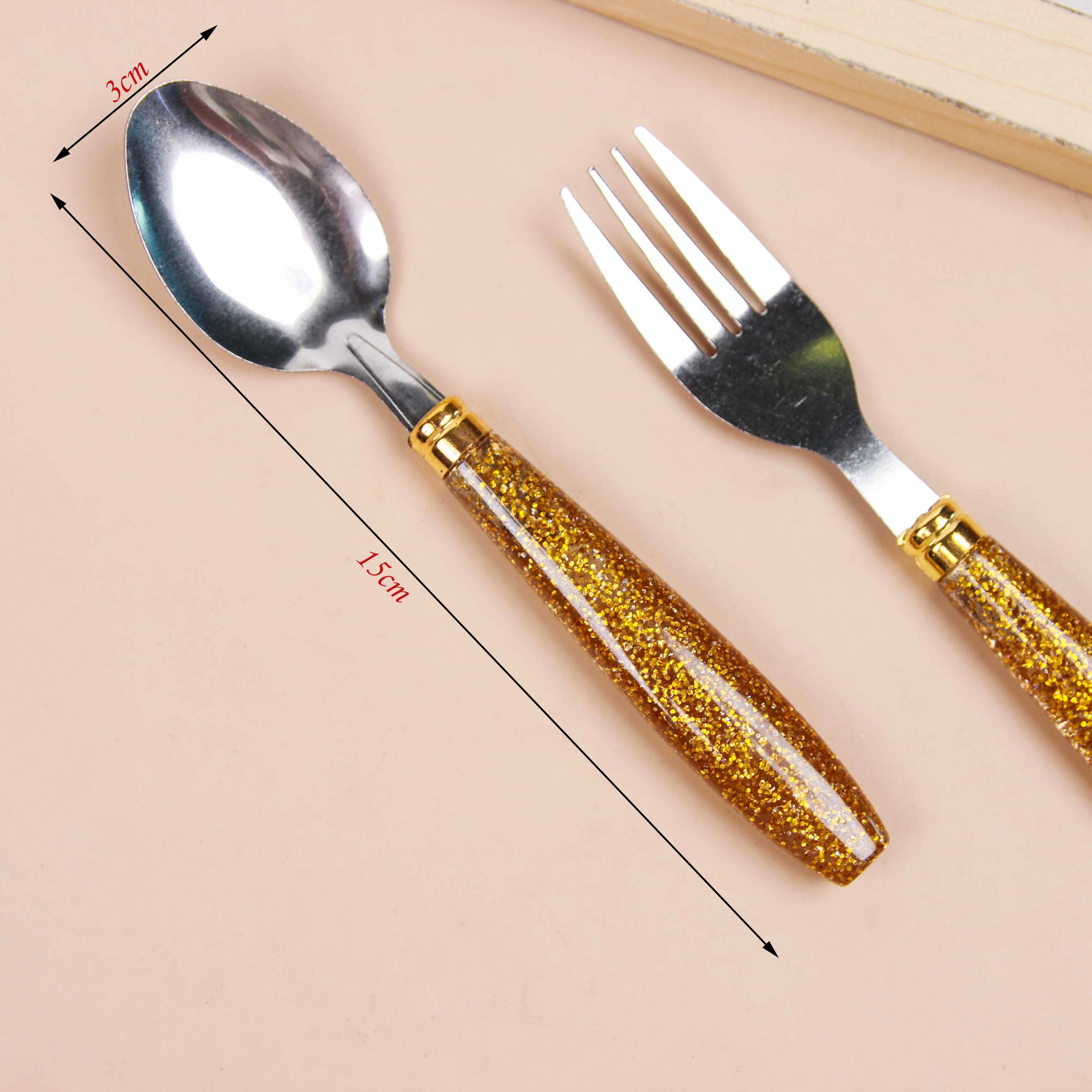 Spoon & Fork Set with Golden Handle - 1 Set