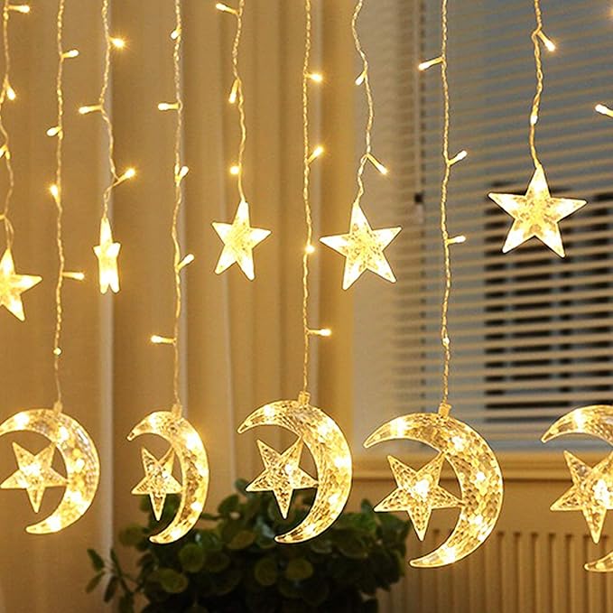 LED Star and Moon Curtain String Lights for Home Decoration | Warm White Hanging Fairy Lights for Bedroom, Festival, Kids Room & Party Backdrop – 12 Stars + 6 Moons