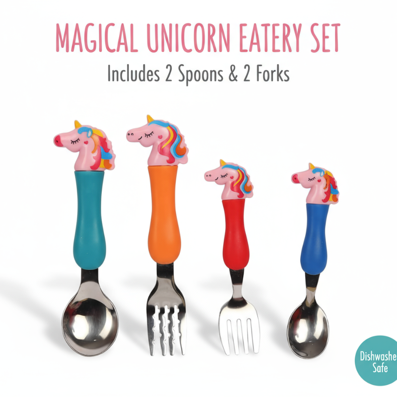 Unicorn Spoon & Fork Set for Kids – Stainless Steel Baby Cutlery Set of 4 (2 Forks + 2 Spoons)