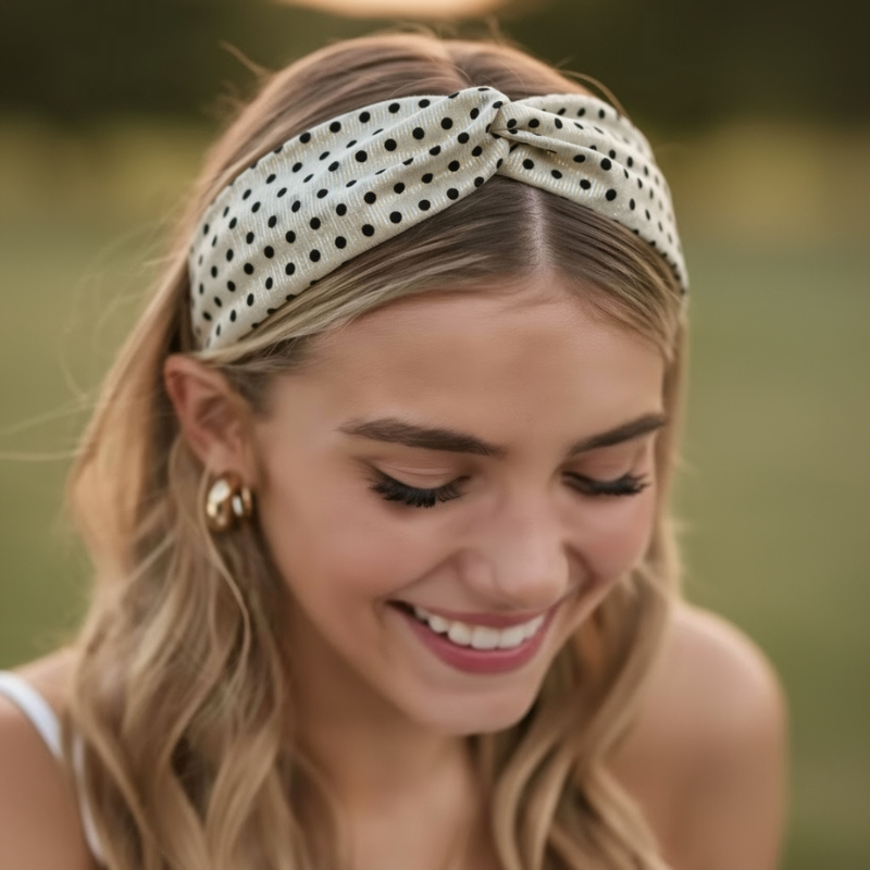 Polka Dot Twist Knot Women’s Hair Band – Stylish Non-Slip White Headband with Black Dots (Pack of 1)