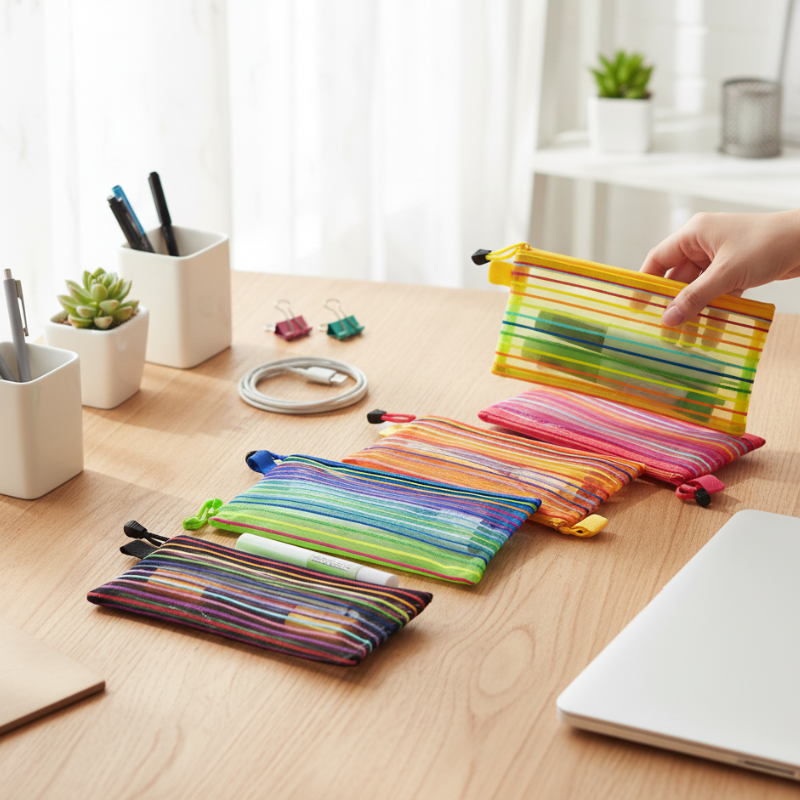 Rainbow Zipper Mesh Pouch – Multi-Colour Pencil, Pen & Document Bag for Travel, Makeup, Office Supplies & Accessories(Pack of 1)