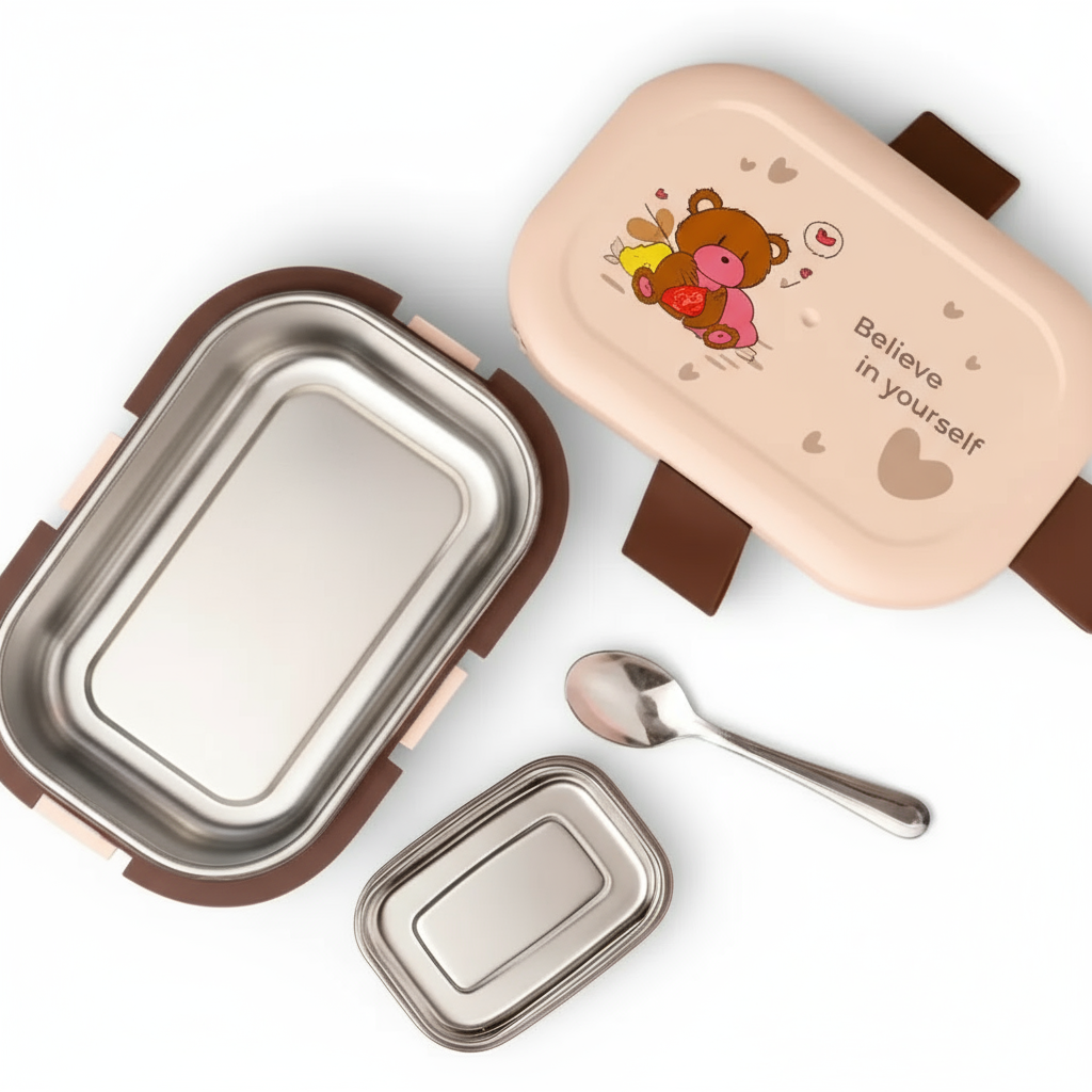1-Compartment Bento Lunch Box with Spoon – Leakproof Stainless Steel Food Container (Random Design – Pack of 1)