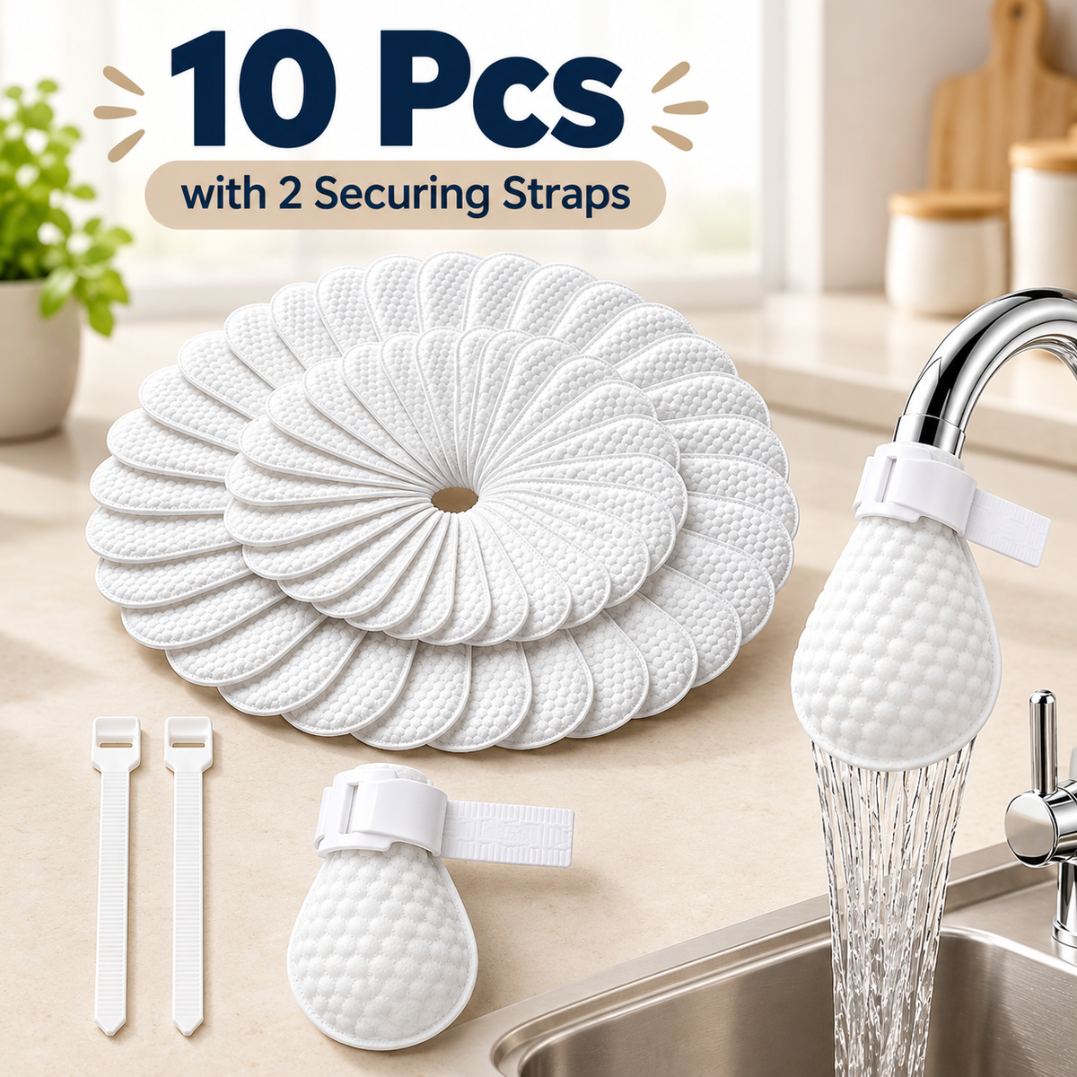 Faucet Water Filter Cotton Pads, 10 Pcs with 2 Securing Straps, Tap Filter Replacement Cotton for Kitchen & Bathroom Faucets, Helps Trap Visible Dirt, Sediment & Particles, Easy to Install