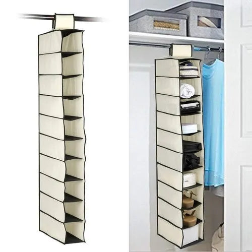 10 Pocket Multipurpose Hanger – Space-Saving Wall-Mounted Closet Organizer with Clear Shelves for Clothes, Accessories & Wardrobe Storage (Pack of 1)