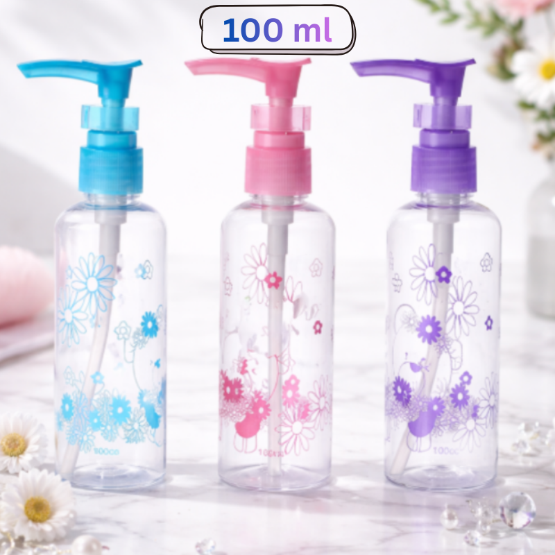 100 ml Refillable Travel Bottles with Pump & Safety Lock – Leak-Proof Plastic Dispensers for Lotion, Soap, Shampoo & Serum (Random color-Pack of 1)