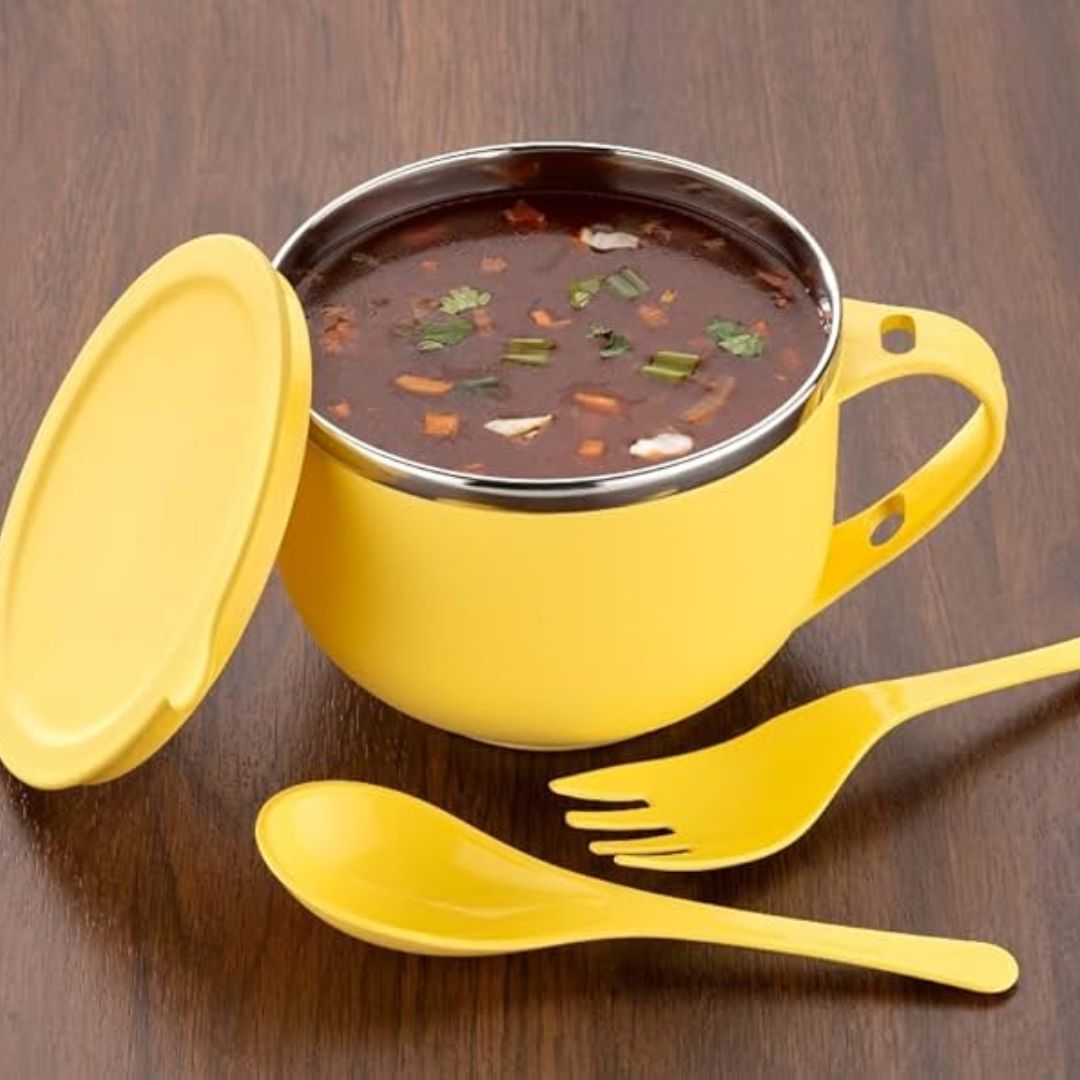 Stainless Steel Maggie & Soup Bowl – Noodle & Food Container with Airtight Lid, Handle, Spoon Holder, Spoon & Fork for Kitchen & Picnic(Random color-Pack of 1)