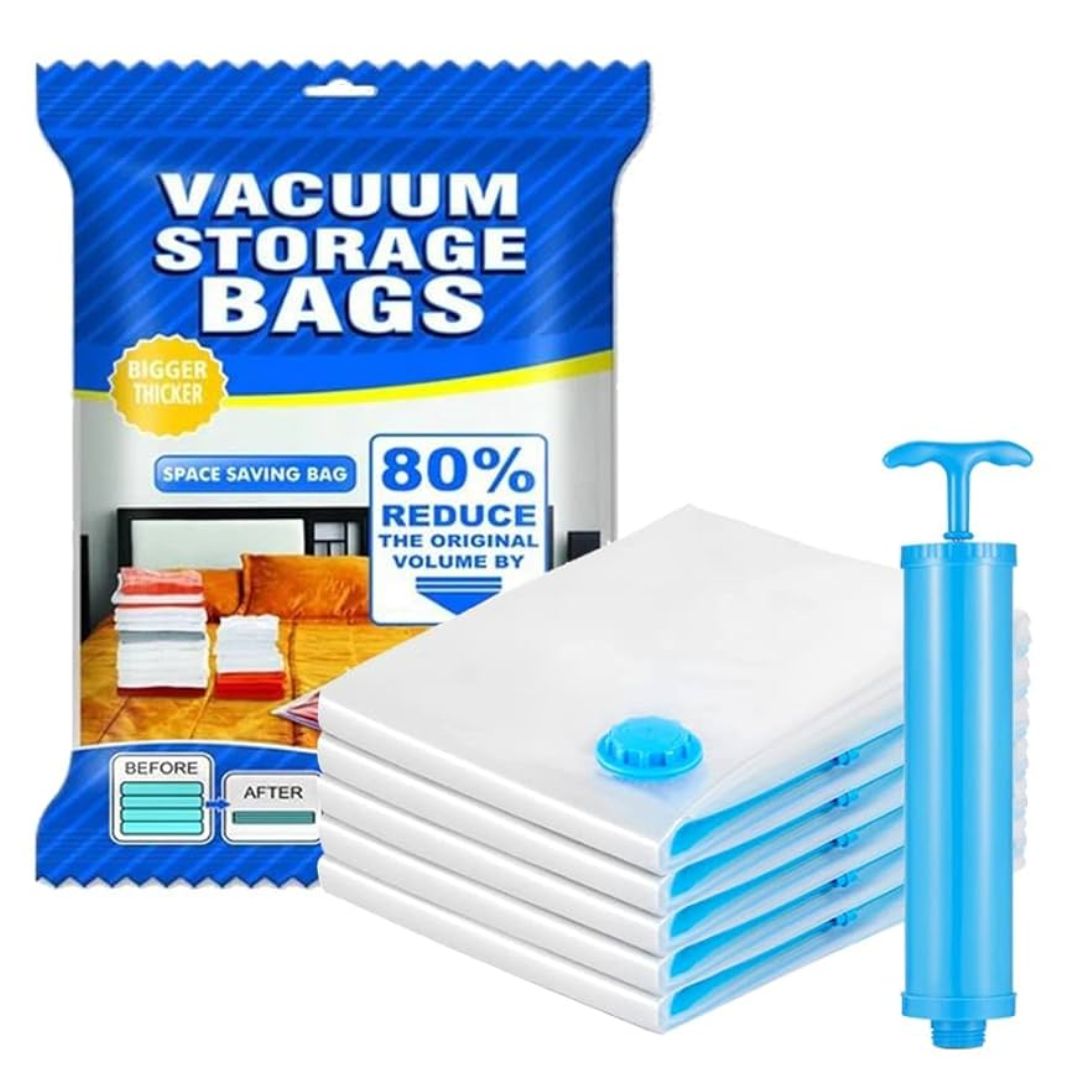 Vacuum Storage Bags – Set of 5 (2 Small, 2 Medium, 1 Large) with Pump, Air-Tight Compression Bags for Clothes & Travel