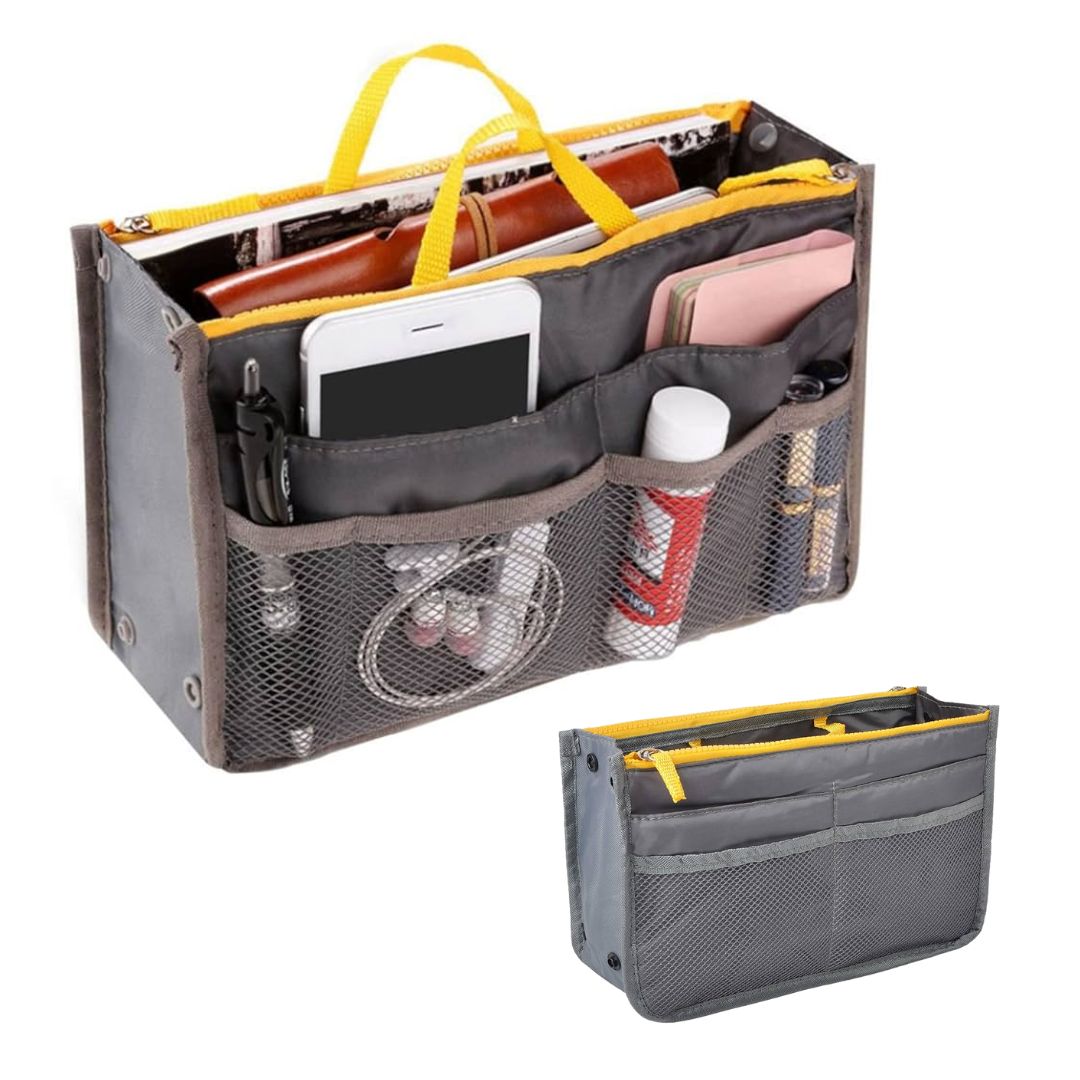 Folding Toiletry Bag, Handbag Organizer Insert for Women with 13 Pockets Large Capacity with Lining Zipper Handle Portable Women's Handbag Organizer