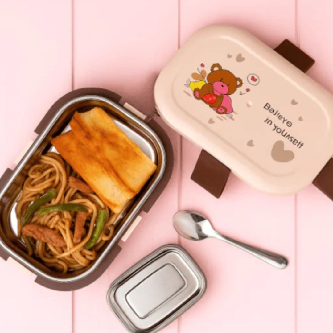 1-Compartment Bento Lunch Box with Spoon – Leakproof Stainless Steel (random design)
