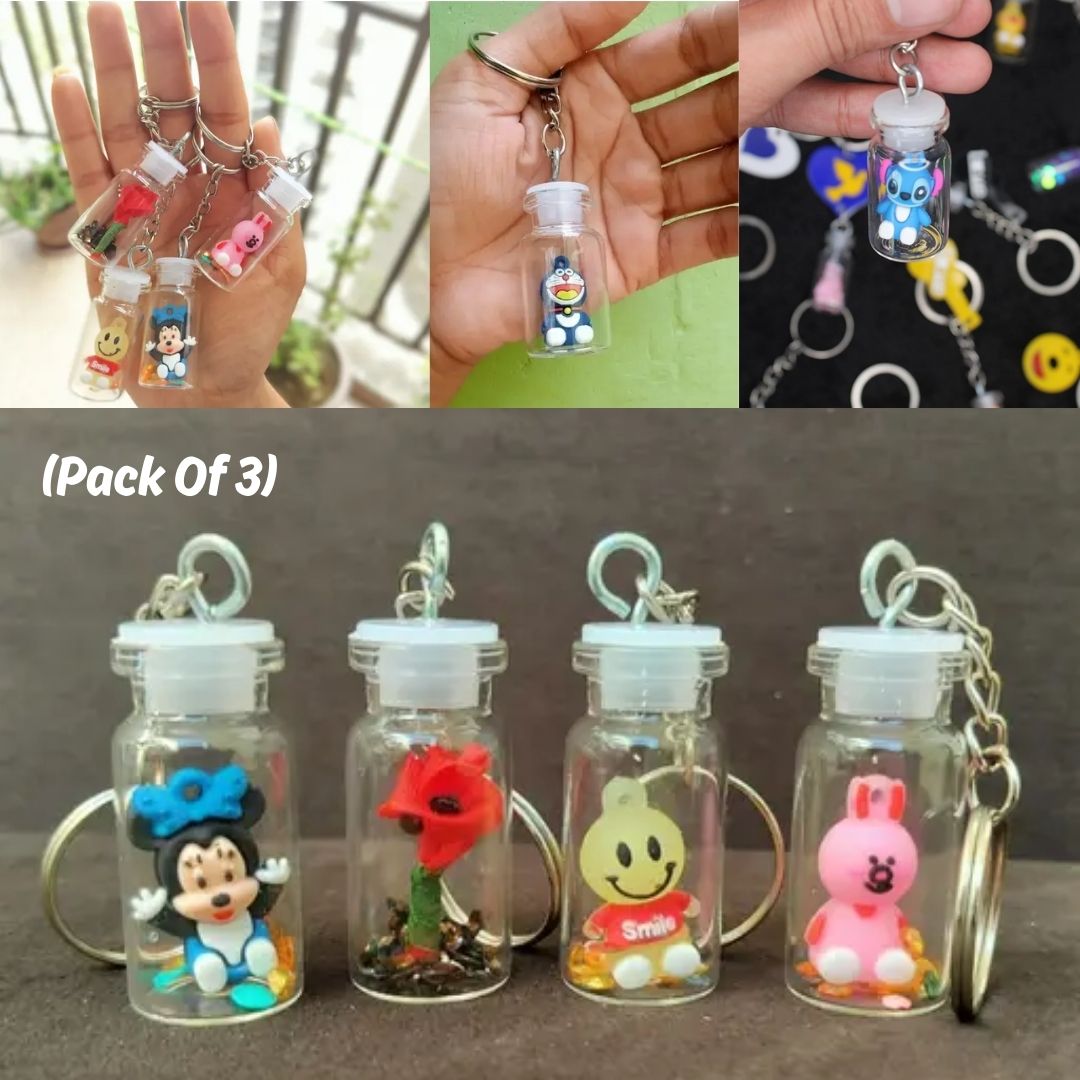 Cute Mini Bottle Keychains – Cartoon Character Charms for Bags & Keys - Random Cartoon (Pack Of 3)