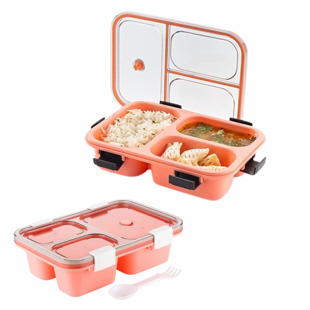 3-Compartment Leak-Proof Lunch Box with Lid – Microwave Safe & BPA-Free Food Storage (Random Color) (Pack of 1)