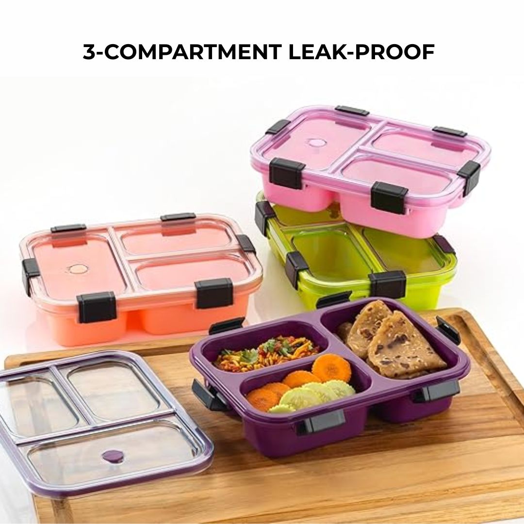 3-Compartment Leak-Proof Lunch Box with Lid – Microwave Safe & BPA-Free Food Storage (Random Color) (Pack of 1)